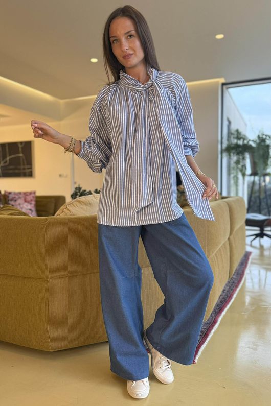 Nantucket Stripe Tie Neck Blouse Dark Denim